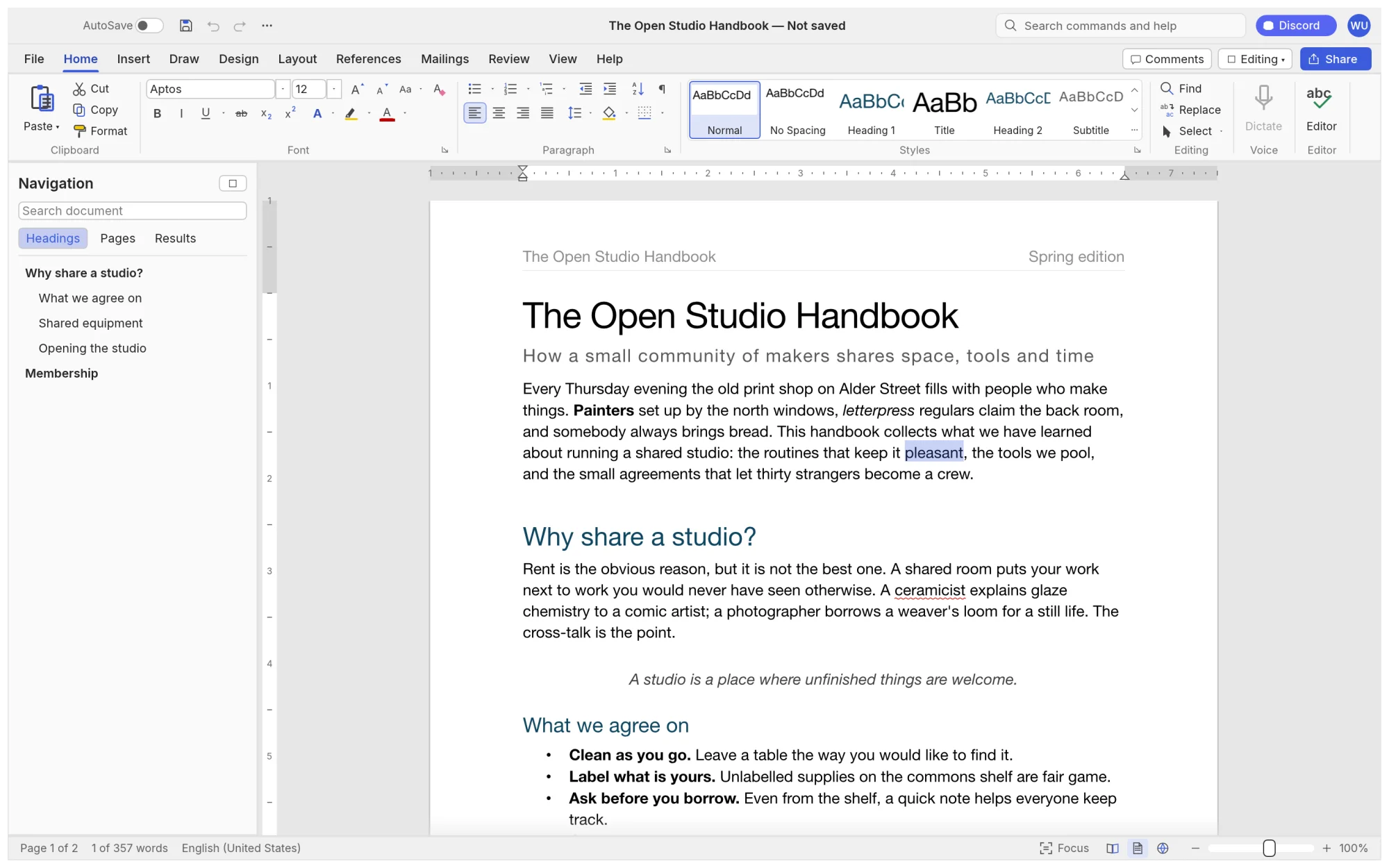 WordCraft's built-in sample document open, with the Home tab of the ribbon, the Styles gallery and the Navigation pane visible