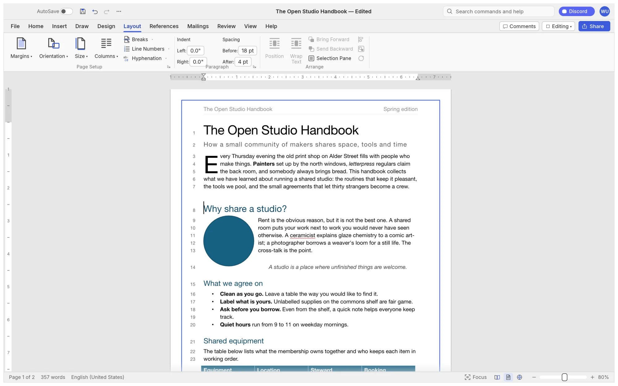 Layout tab with a drop cap, text wrapping around a shape and numbered lines in the margin